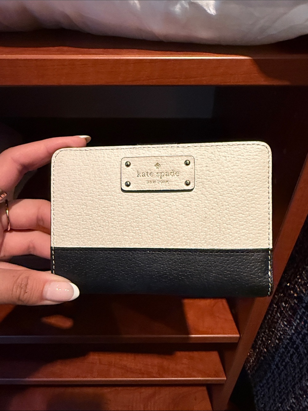 kate spade Two-Tone Cream and Black Pebbled Compact Wallet
